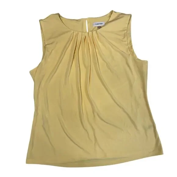 Calvin Klein Butter Yellow Sleeveless Pleated Blouse Women's 14 Quiet Luxury Top - Picture 2 of 16